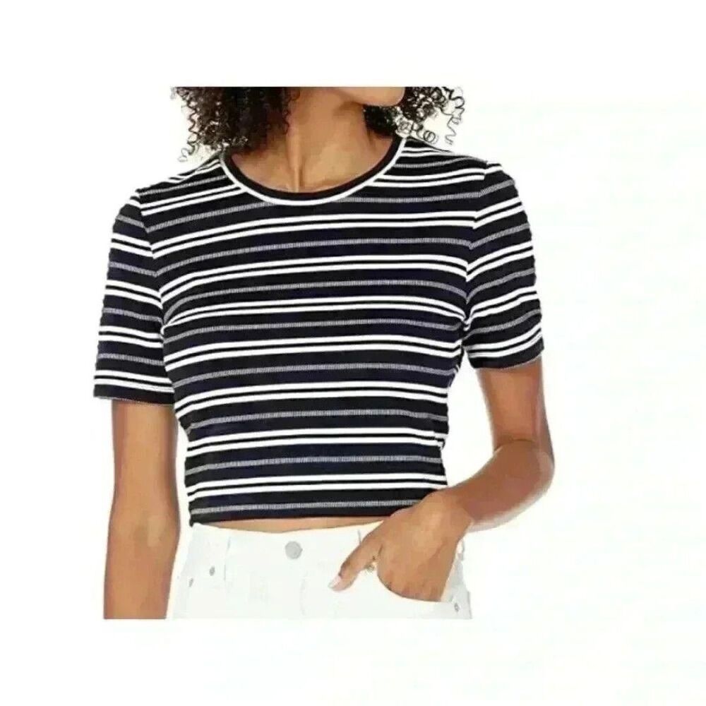 Club Monaco Women's Tie Back Tee, Navy/White, Extra Small
